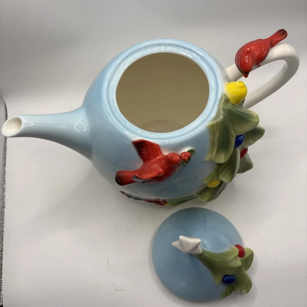 Vtg Pier 1 Imports Christmas Tree & Cardinal 3D Hand-painted‎ Porcelain Teapot